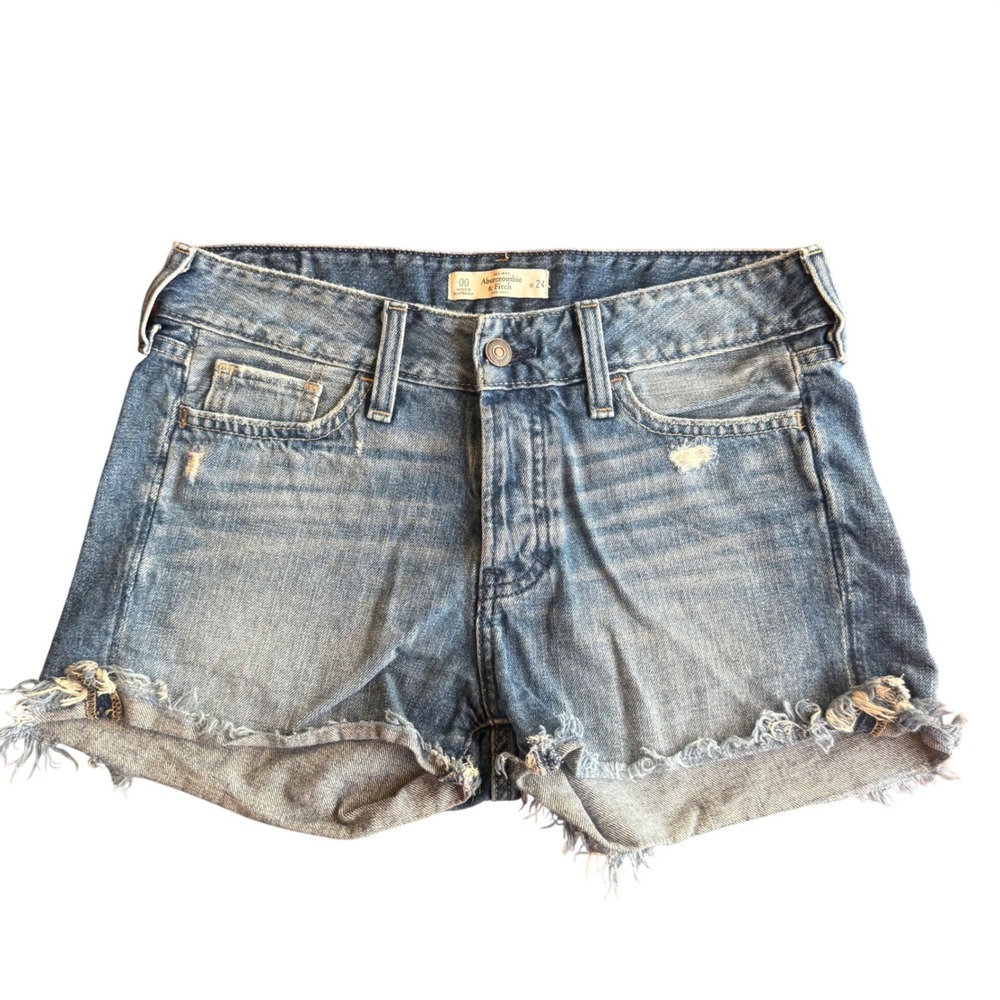 Vintage Abercrombie & Fitch Denim Shorts Womens 00 Blue Mid Rise Distressed Hem